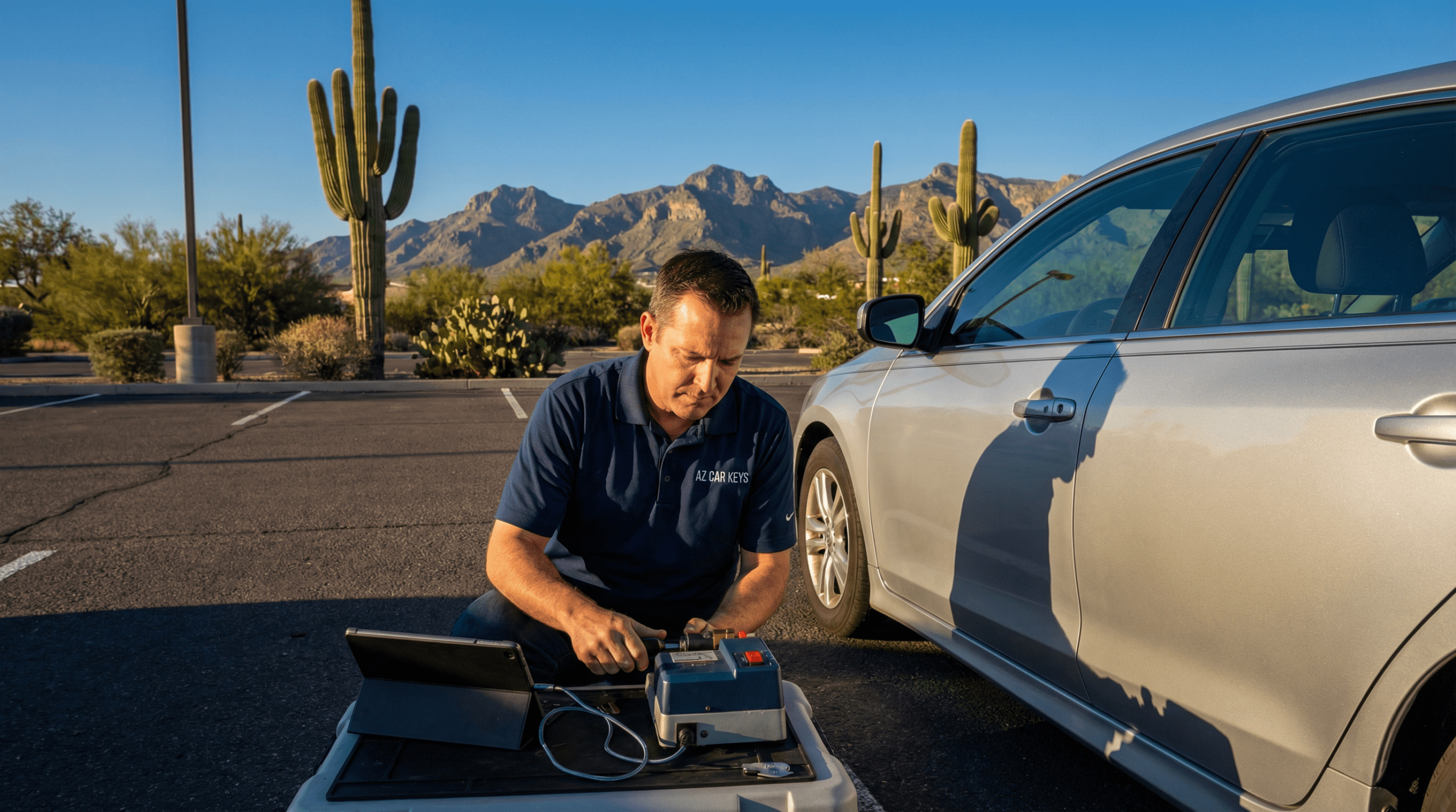 AZ Car Keys technician performing car key replacement in Chandler, AZ with Arizona desert landscape in background