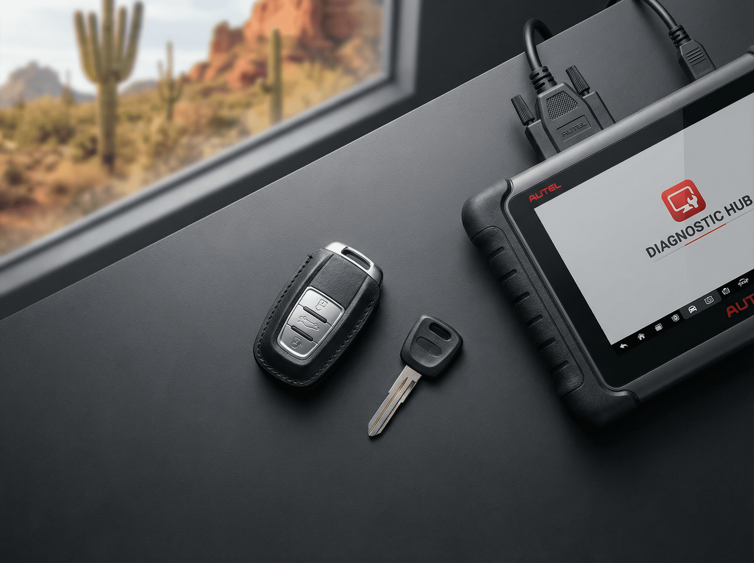 Car key fob and transponder key with diagnostic programming device for Chandler Arizona car key technician service